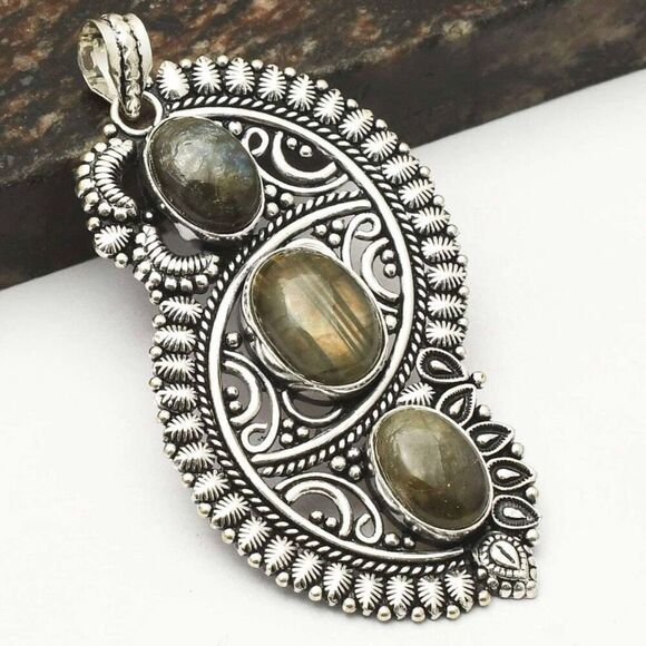 Stunning Bali Abstract Labradorite Sterling Silver Pendant Statement Necklace - Picture 1 of 6